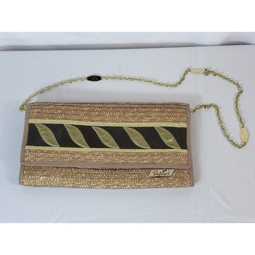 Vintage Pier Giorgio Woven Straw Envelope Clutch Bag Metallic Gold Chain